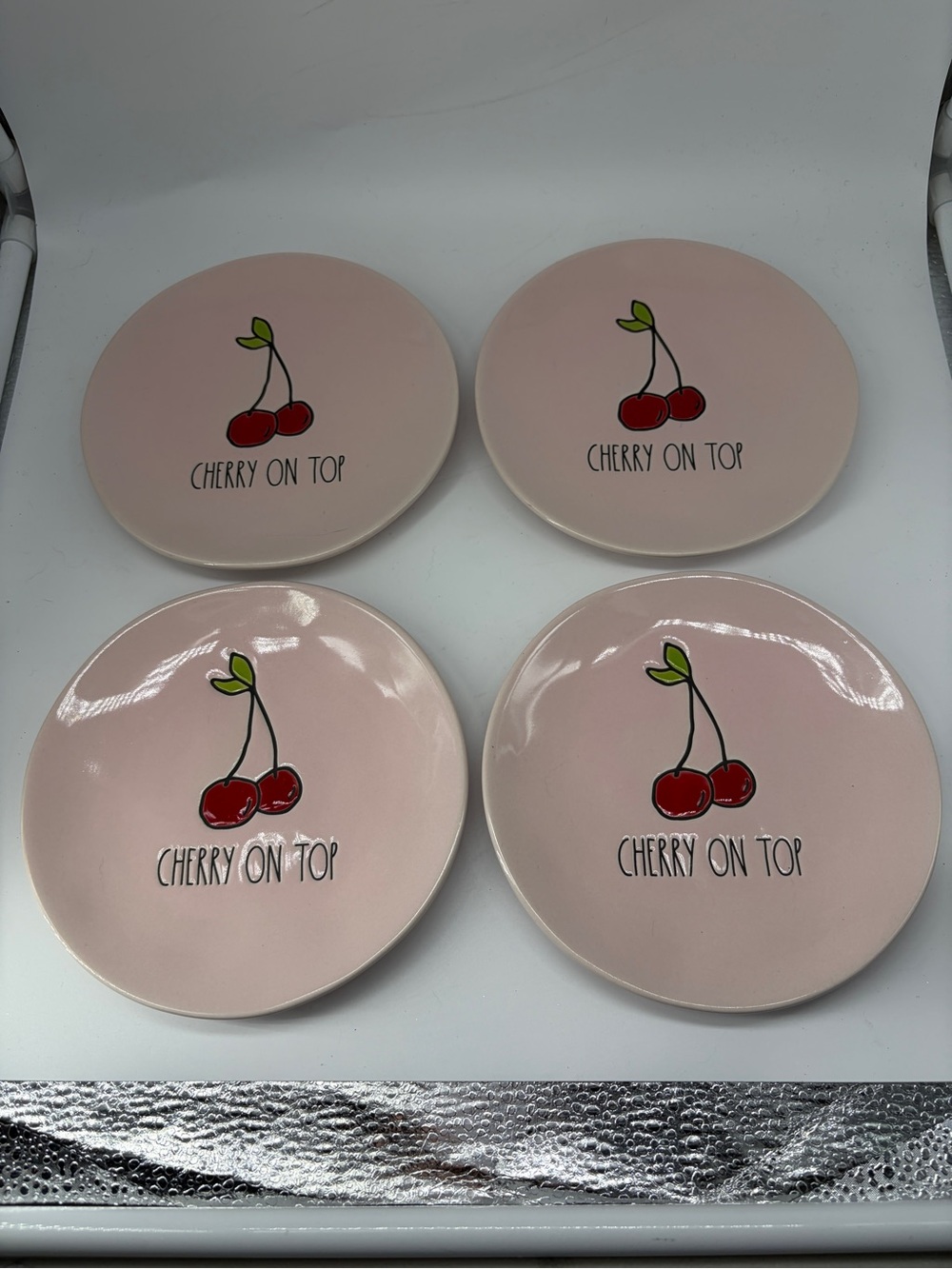 Rae Dunn Pink 'Cherry On Top' Dessert Plates - Red Cherry Design 6”